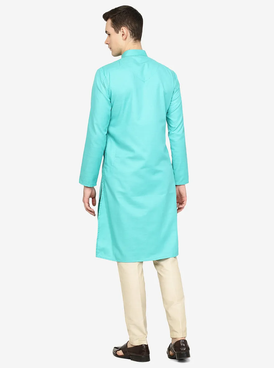 Aqua Green Solid Cotton Blend Kurta | The Kurta Company
