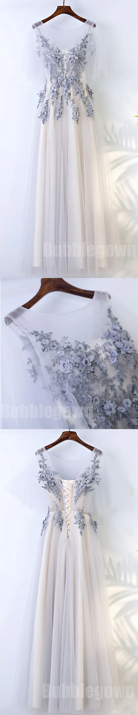 Beautiful Half Sleeves Tulle Applique Elegant Cheap Long Prom Dresses, BGP022