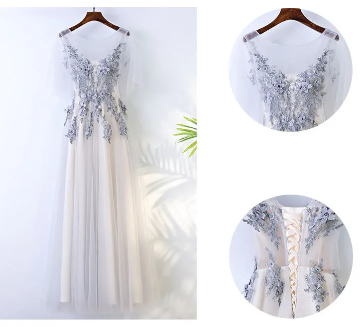 Beautiful Half Sleeves Tulle Applique Elegant Cheap Long Prom Dresses, BGP022