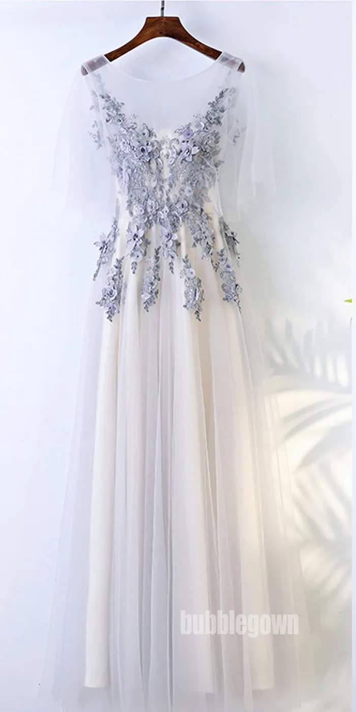 Beautiful Half Sleeves Tulle Applique Elegant Cheap Long Prom Dresses, BGP022