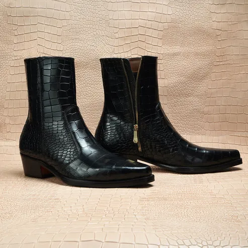 Black Croc Print Leather Fiorina Slip On Zipper Pointed Boots for Men - Boots