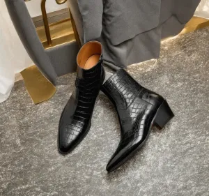 Black Croc Print Leather Fiorina Slip On Zipper Pointed Boots for Men - Boots