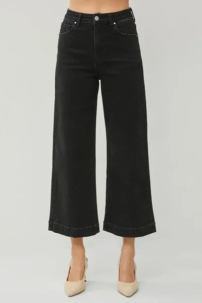 Black High Rise Wide Leg Ankle Jeans