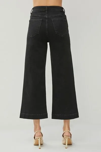Black High Rise Wide Leg Ankle Jeans