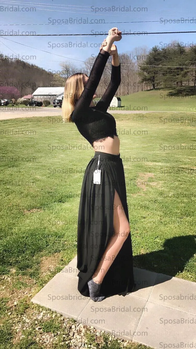 Black Lace Long Sleeves Sexy Slit Two-piece A-line Prom Long Evening Dress, PD0056