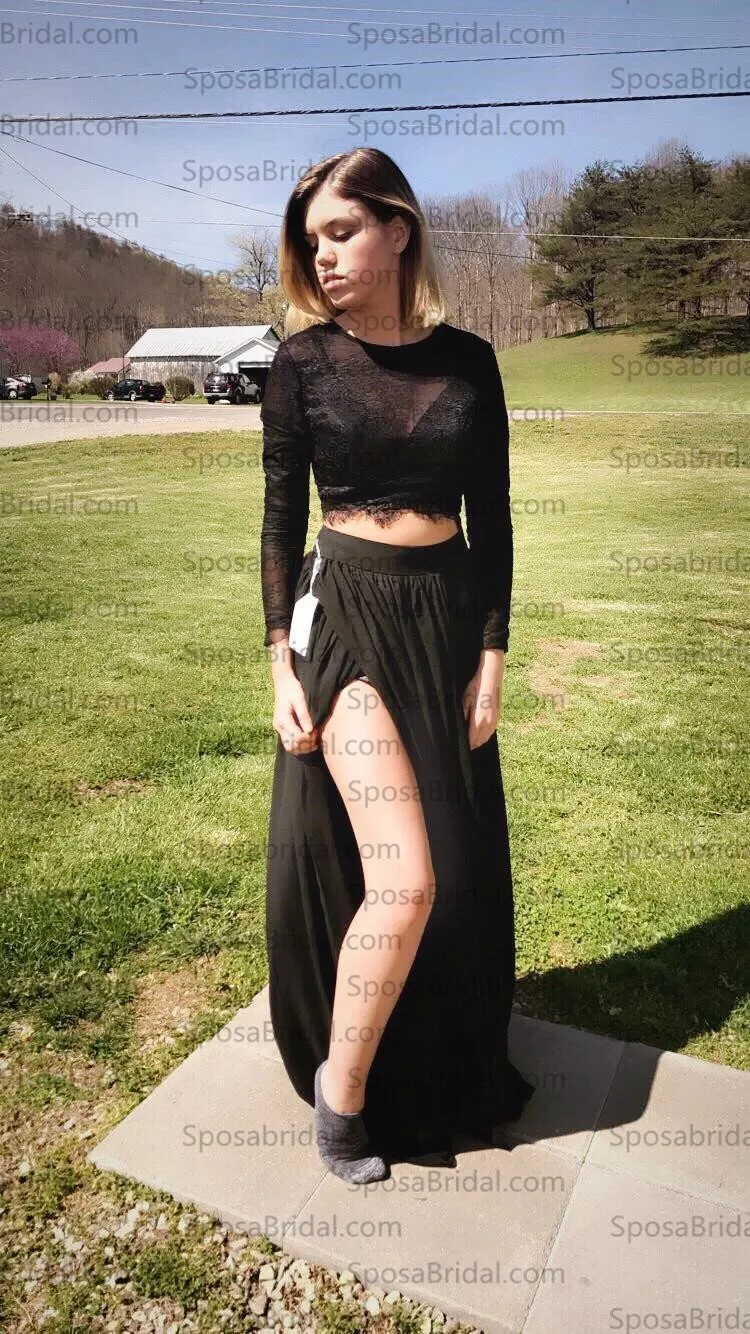 Black Lace Long Sleeves Sexy Slit Two-piece A-line Prom Long Evening Dress, PD0056