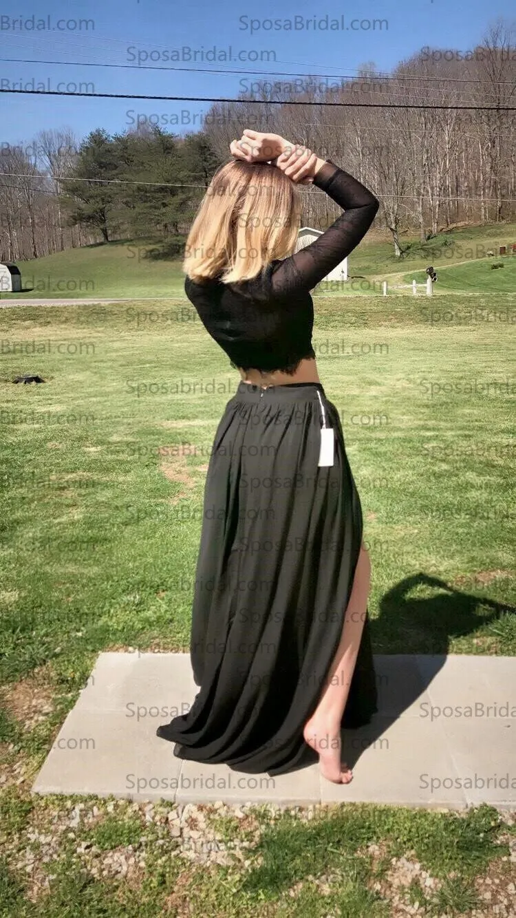 Black Lace Long Sleeves Sexy Slit Two-piece A-line Prom Long Evening Dress, PD0056