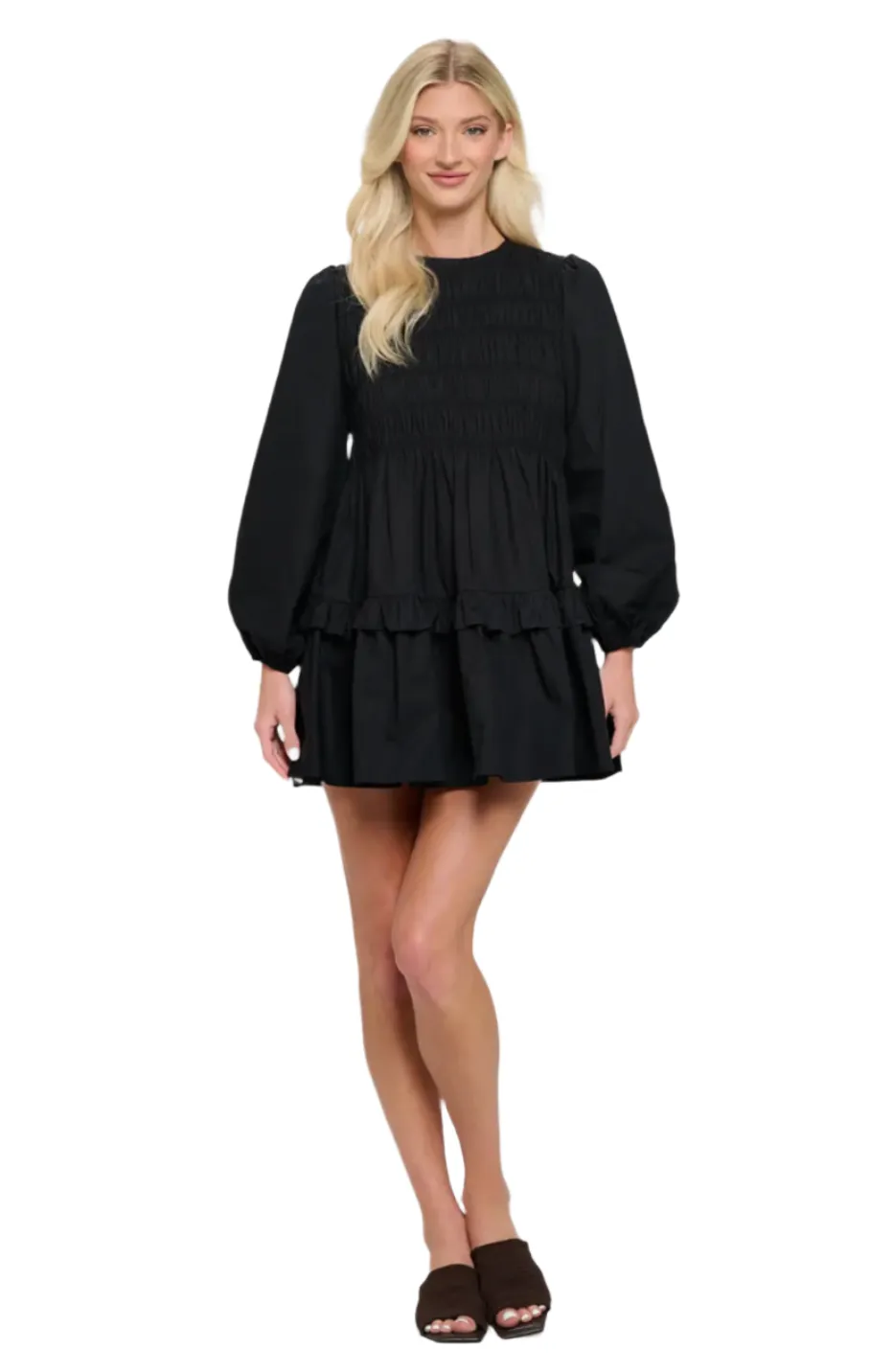 Black Poplin Long Sleeve Smock Dress