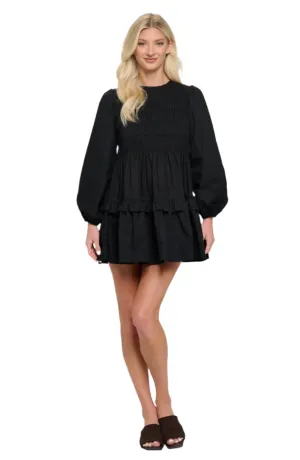 Black Poplin Long Sleeve Smock Dress