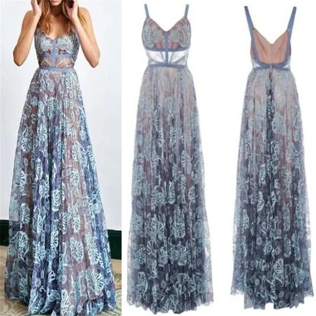 Blue Lace Sexy Popular Prom Dresses, Fashion Party Dress, Spaghetti Straps Prom Dress,  PD0420