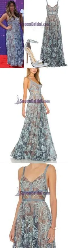 Blue Lace Sexy Popular Prom Dresses, Fashion Party Dress, Spaghetti Straps Prom Dress,  PD0420