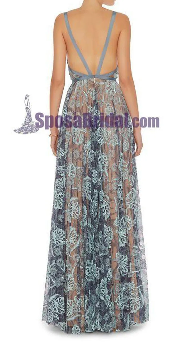 Blue Lace Sexy Popular Prom Dresses, Fashion Party Dress, Spaghetti Straps Prom Dress,  PD0420
