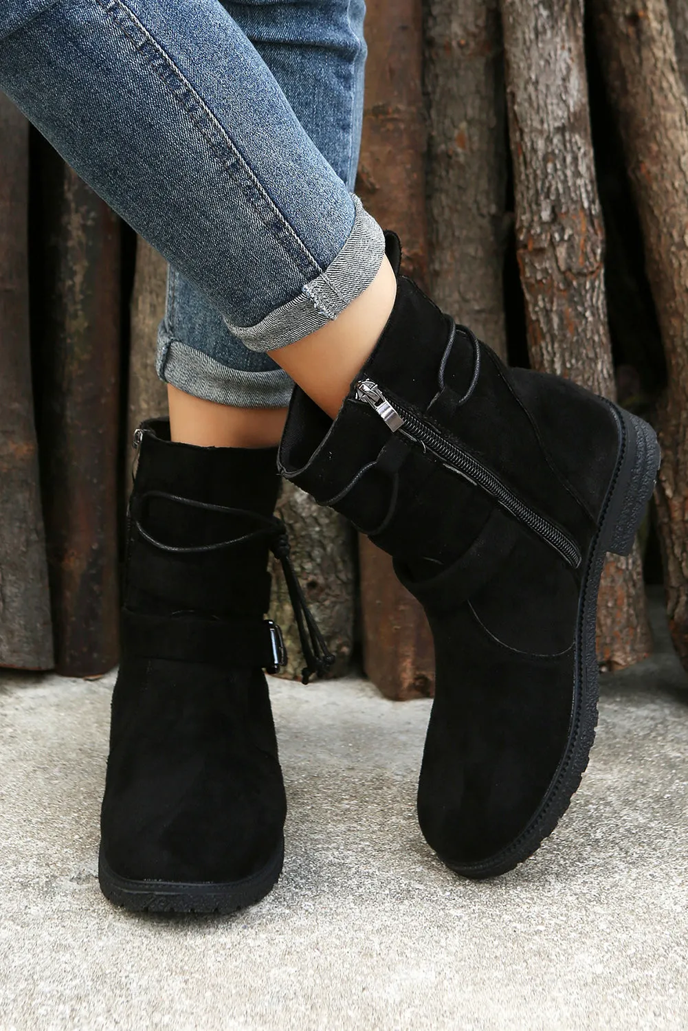 Brown Faux Suede Zip Up Buckle Straps Ankle Boots