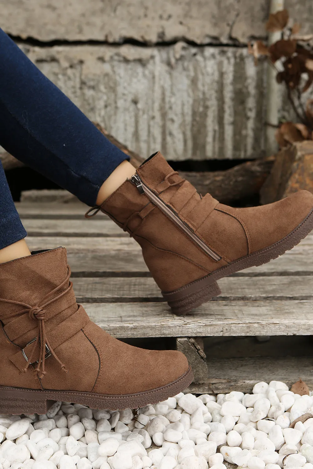 Brown Faux Suede Zip Up Buckle Straps Ankle Boots