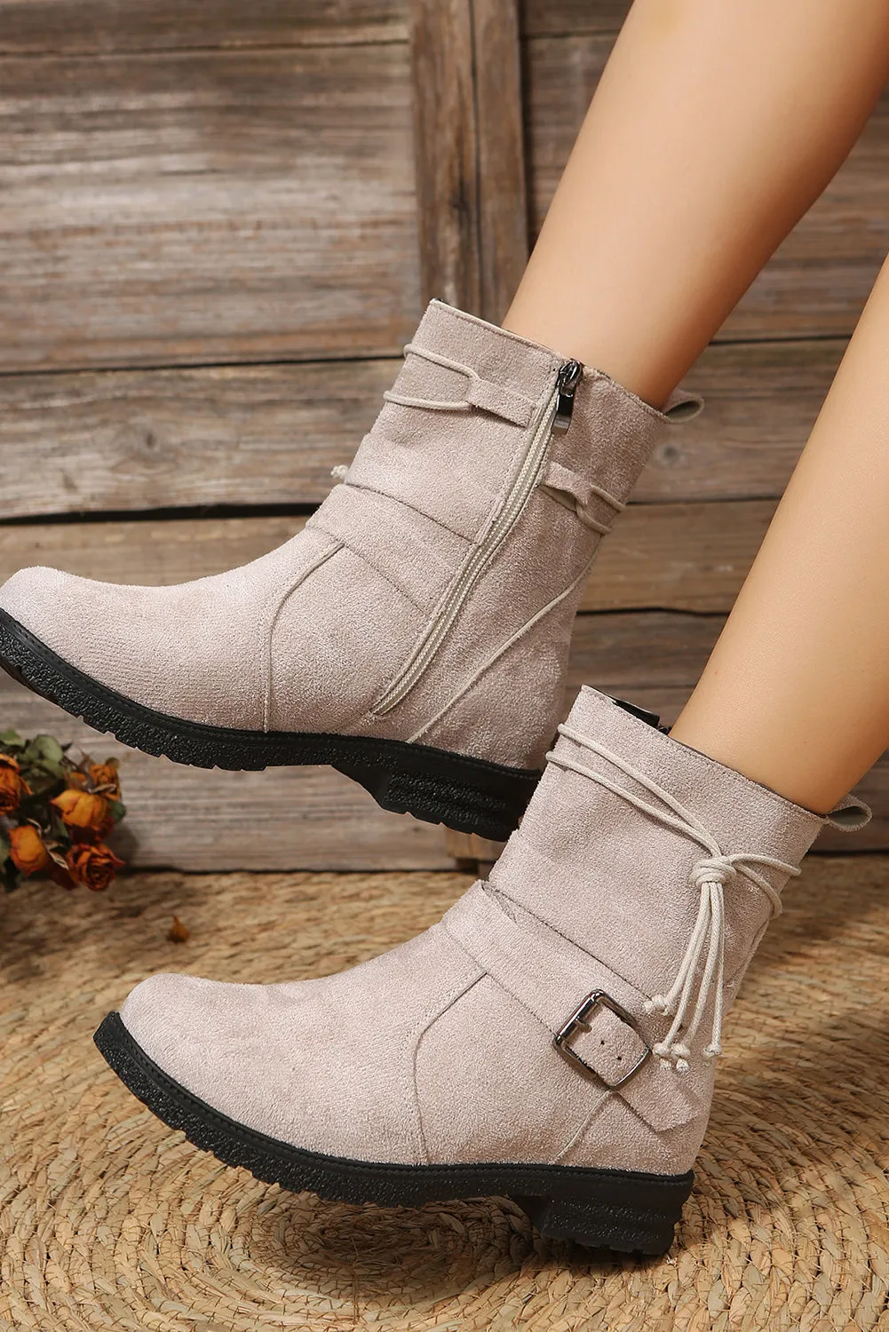 Brown Faux Suede Zip Up Buckle Straps Ankle Boots