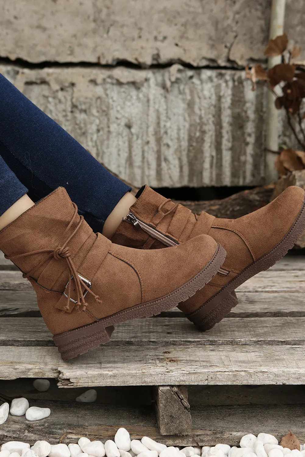 Brown Faux Suede Zip Up Buckle Straps Ankle Boots
