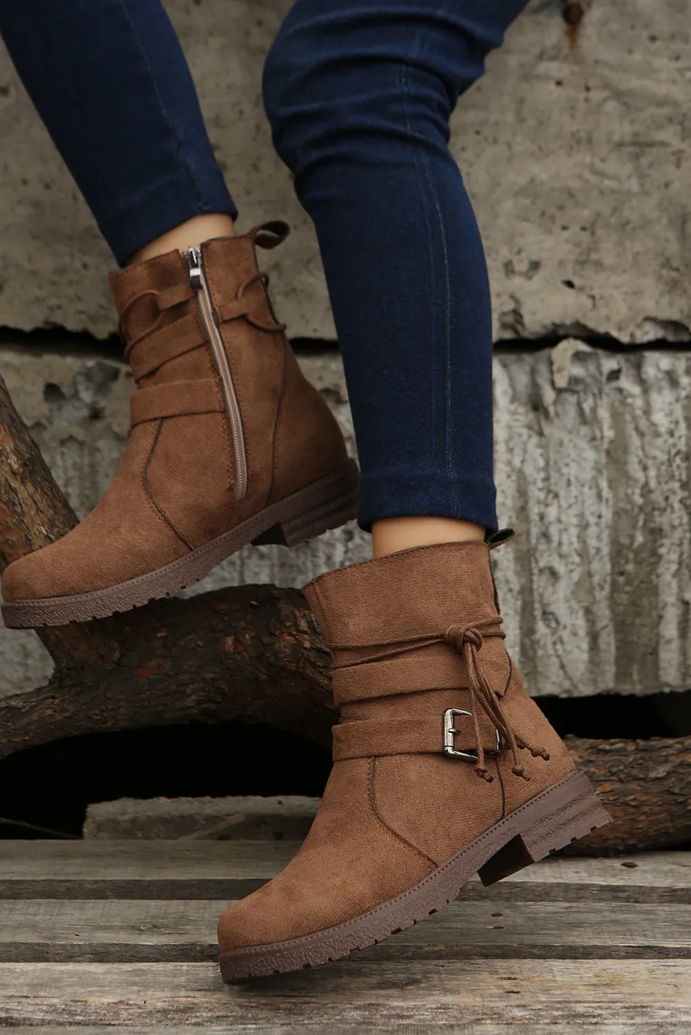 Brown Faux Suede Zip Up Buckle Straps Ankle Boots