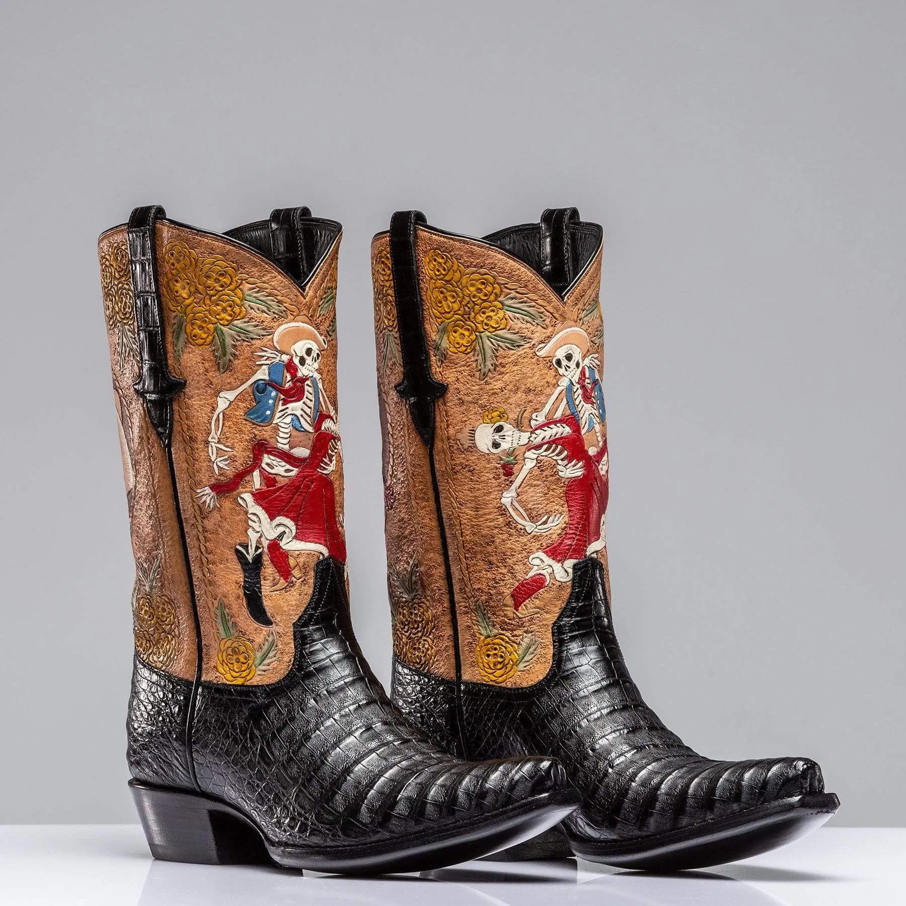 Brown Leather And Black Alligator Barstow Slip On Western Cowboy Boots With Dancing Skeleton - Cowboy Boots
