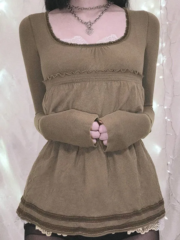 Brown vintage long-sleeved shirt with square collar and stitching details
