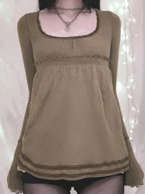 Brown vintage long-sleeved shirt with square collar and stitching details