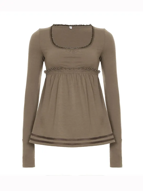 Brown vintage long-sleeved shirt with square collar and stitching details