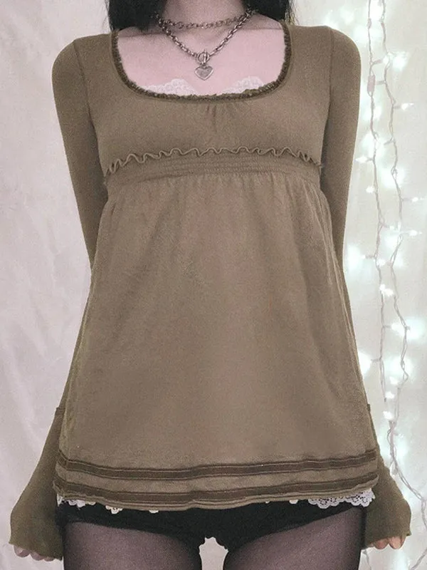 Brown vintage long-sleeved shirt with square collar and stitching details