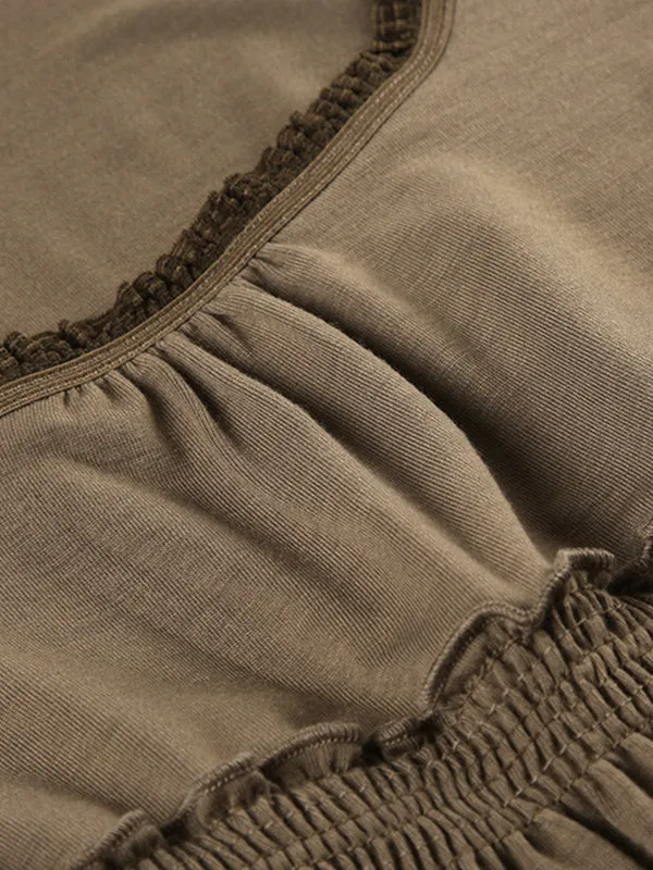 Brown vintage long-sleeved shirt with square collar and stitching details