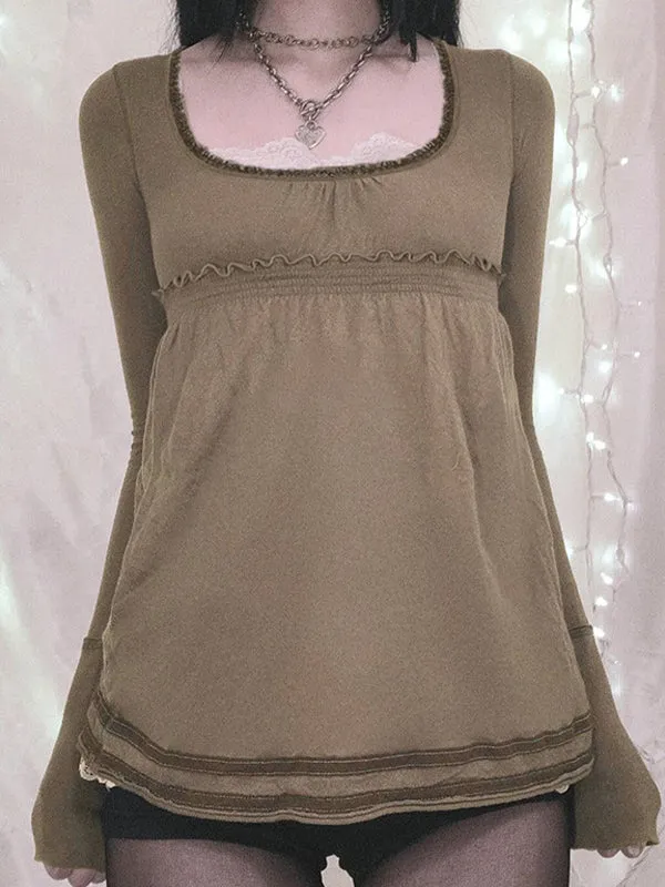 Brown vintage long-sleeved shirt with square collar and stitching details