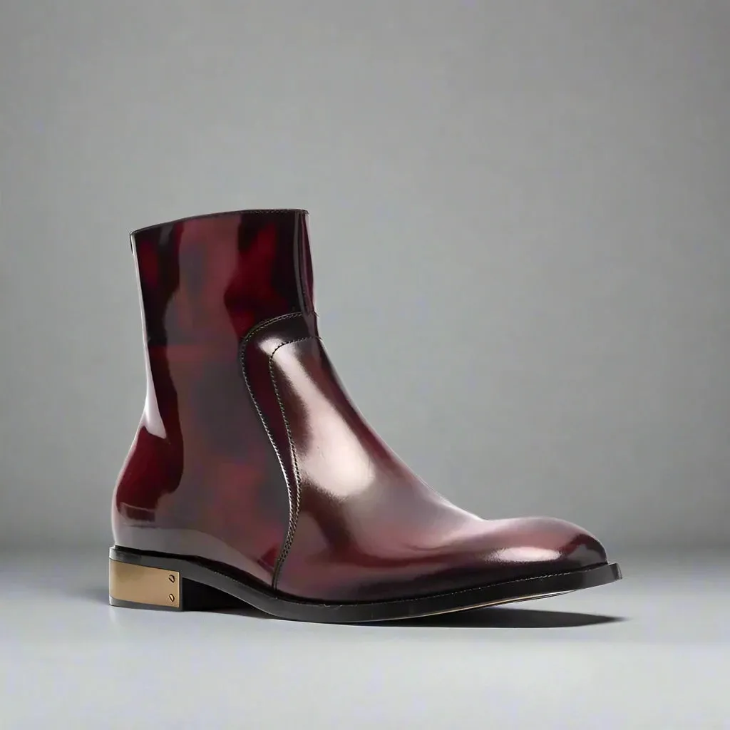 BURGUNDY LEATHER SLIP ON MODENA CHELSEA BOOTS WITH ZIPPER AND GOLDEN HEEL PLATE - CHELSEA BOOTS