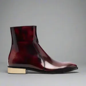 BURGUNDY LEATHER SLIP ON MODENA CHELSEA BOOTS WITH ZIPPER AND GOLDEN HEEL PLATE - CHELSEA BOOTS