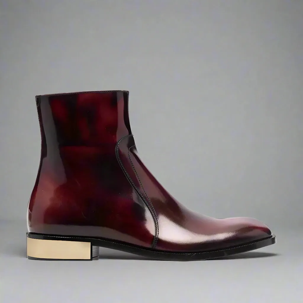BURGUNDY LEATHER SLIP ON MODENA CHELSEA BOOTS WITH ZIPPER AND GOLDEN HEEL PLATE - CHELSEA BOOTS