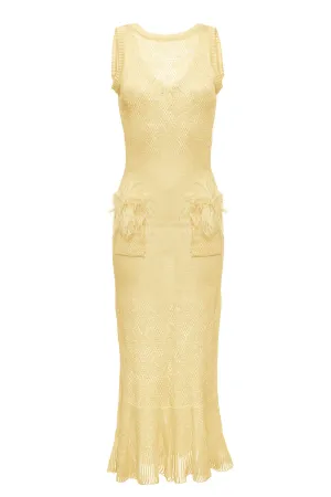 Butter Yellow Knit Dress With Feathers