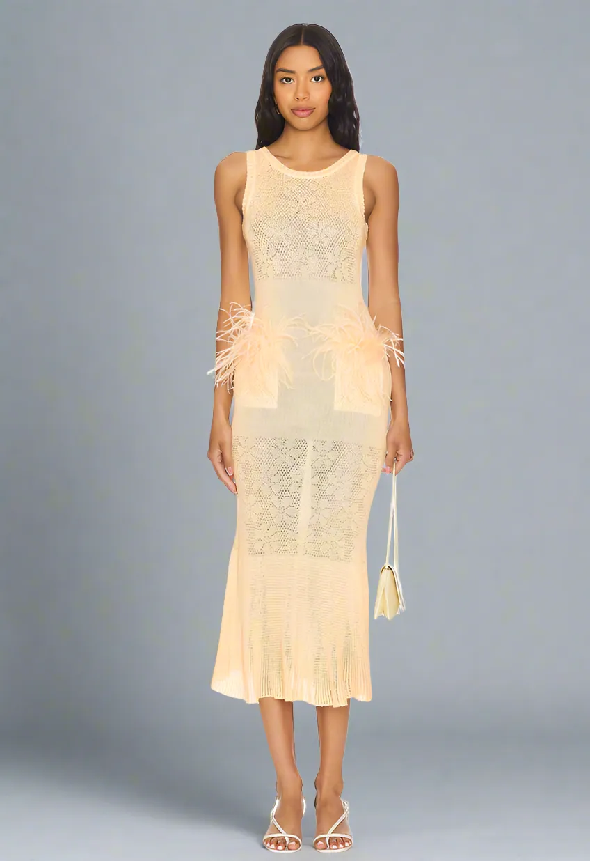 Butter Yellow Knit Dress With Feathers