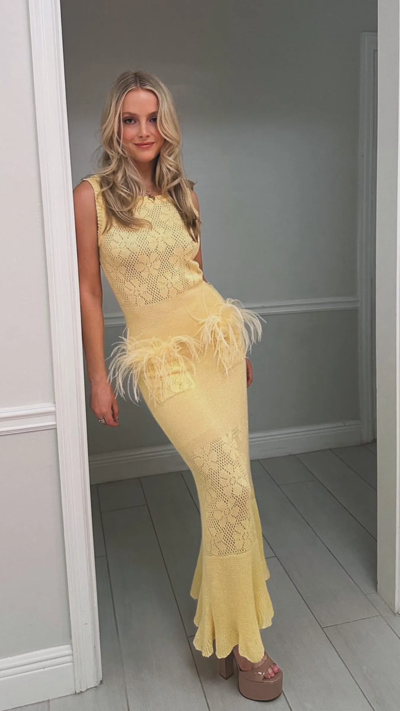 Butter Yellow Knit Dress With Feathers