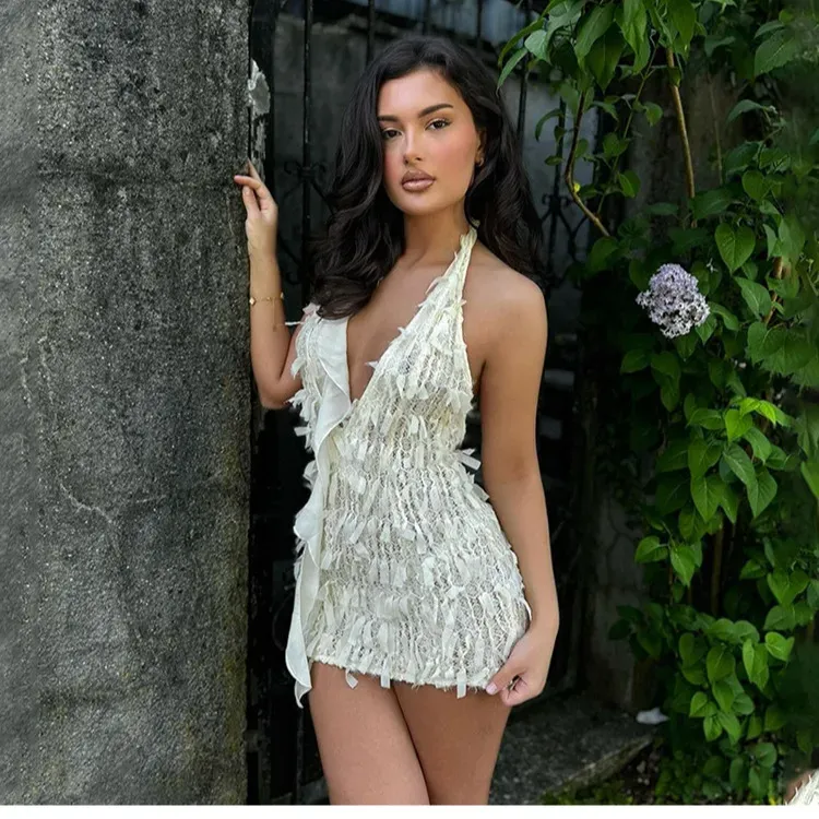 Camilla Plunge Neck Fringe Detail Lace Bodycon Mini Dress