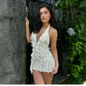 Camilla Plunge Neck Fringe Detail Lace Bodycon Mini Dress