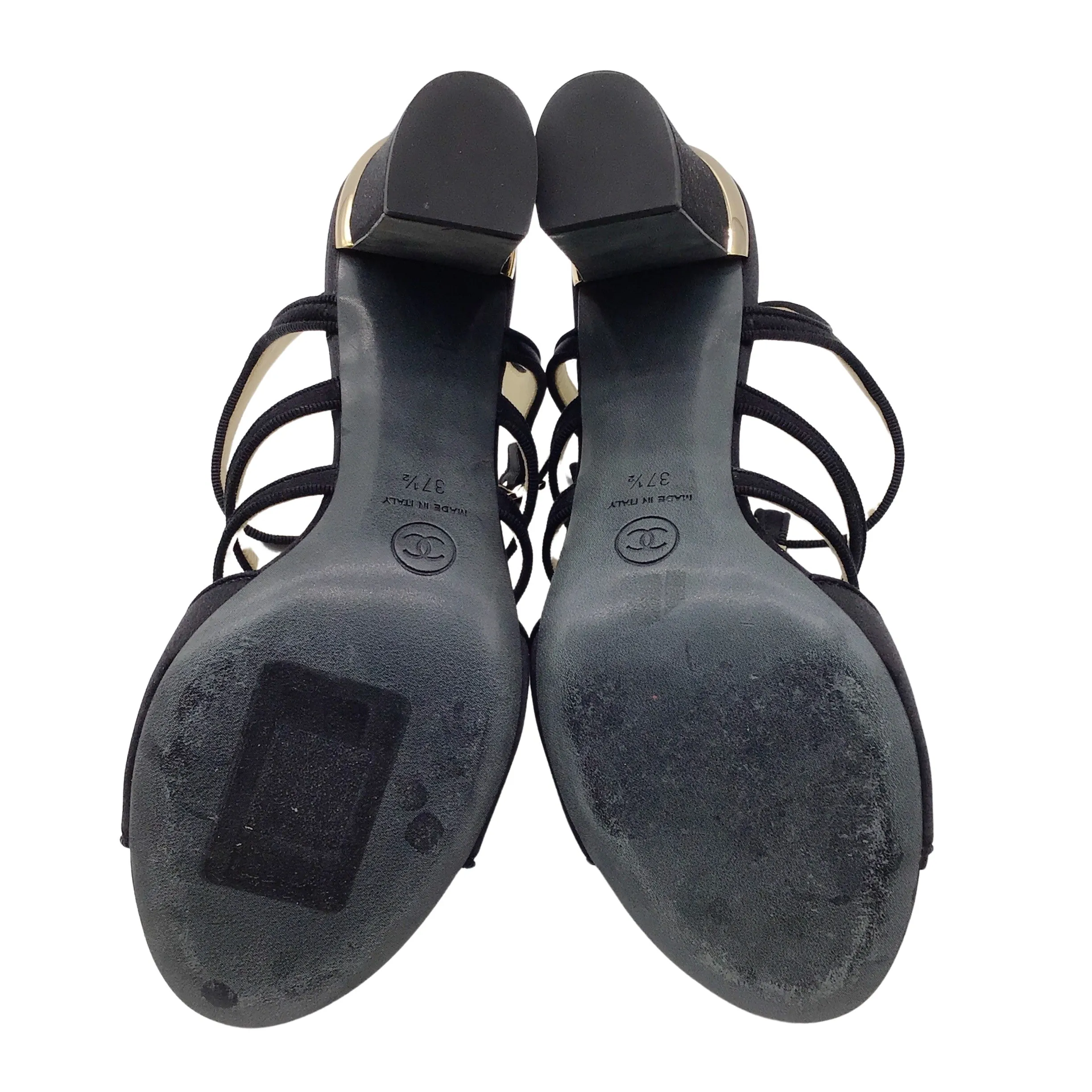 Chanel Black Pearl Embellished Bow Detail Satin Sandals