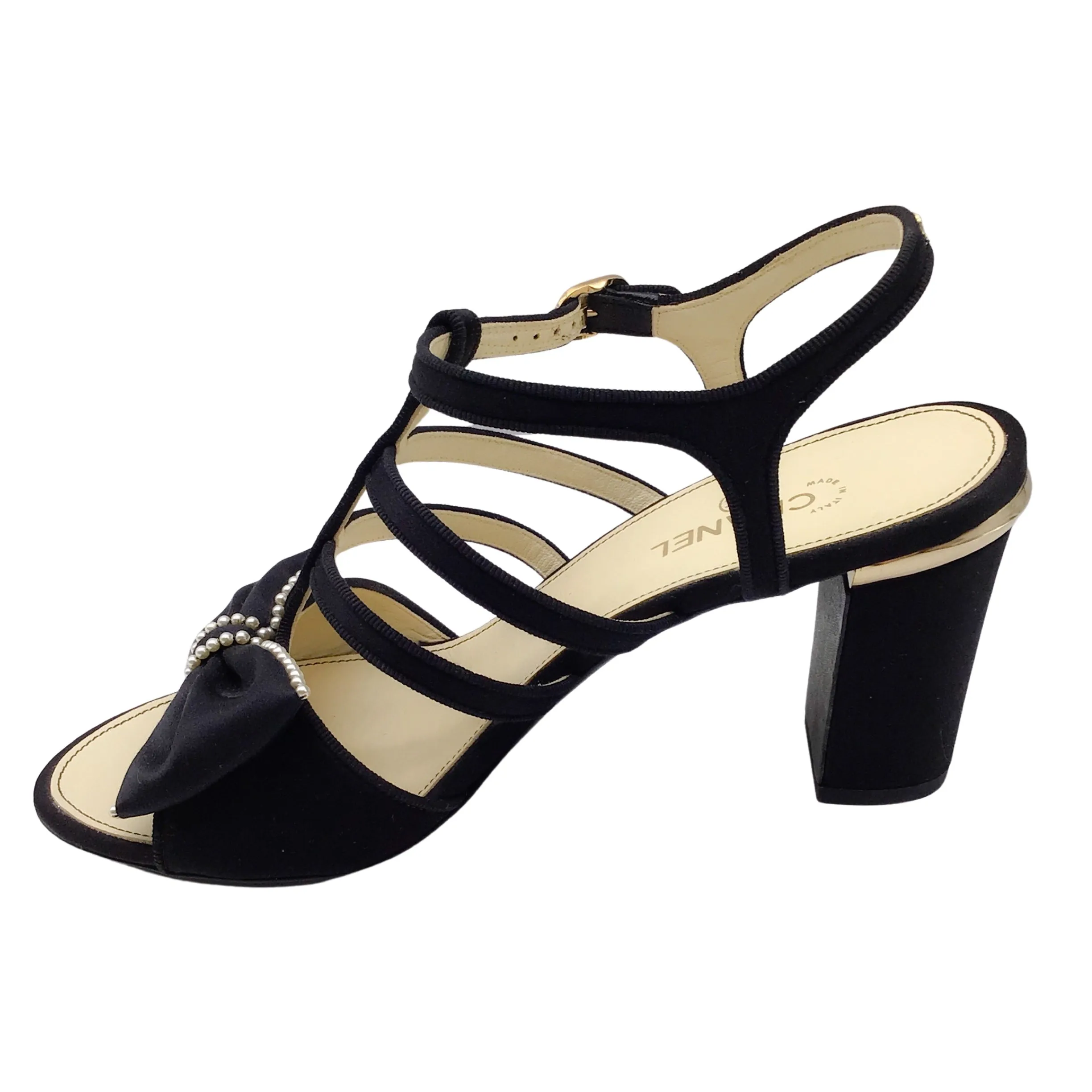 Chanel Black Pearl Embellished Bow Detail Satin Sandals
