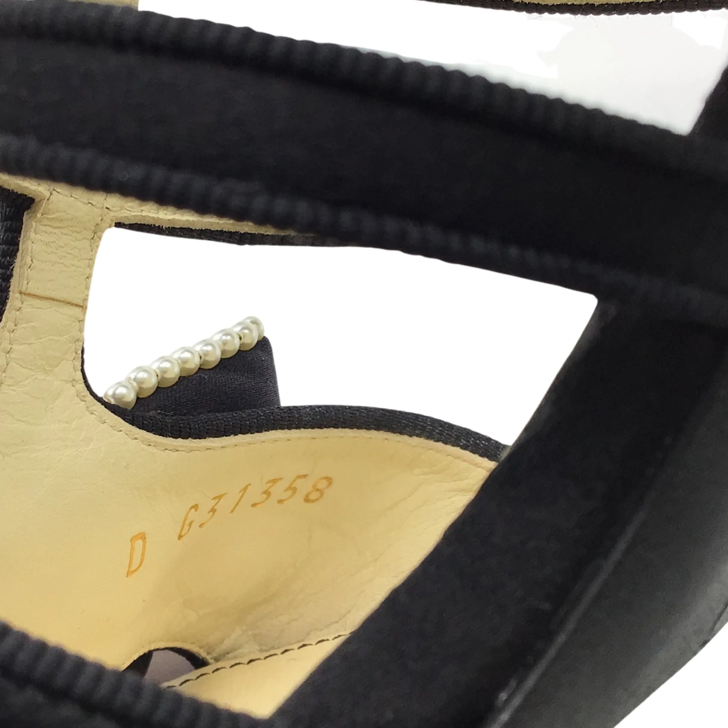 Chanel Black Pearl Embellished Bow Detail Satin Sandals