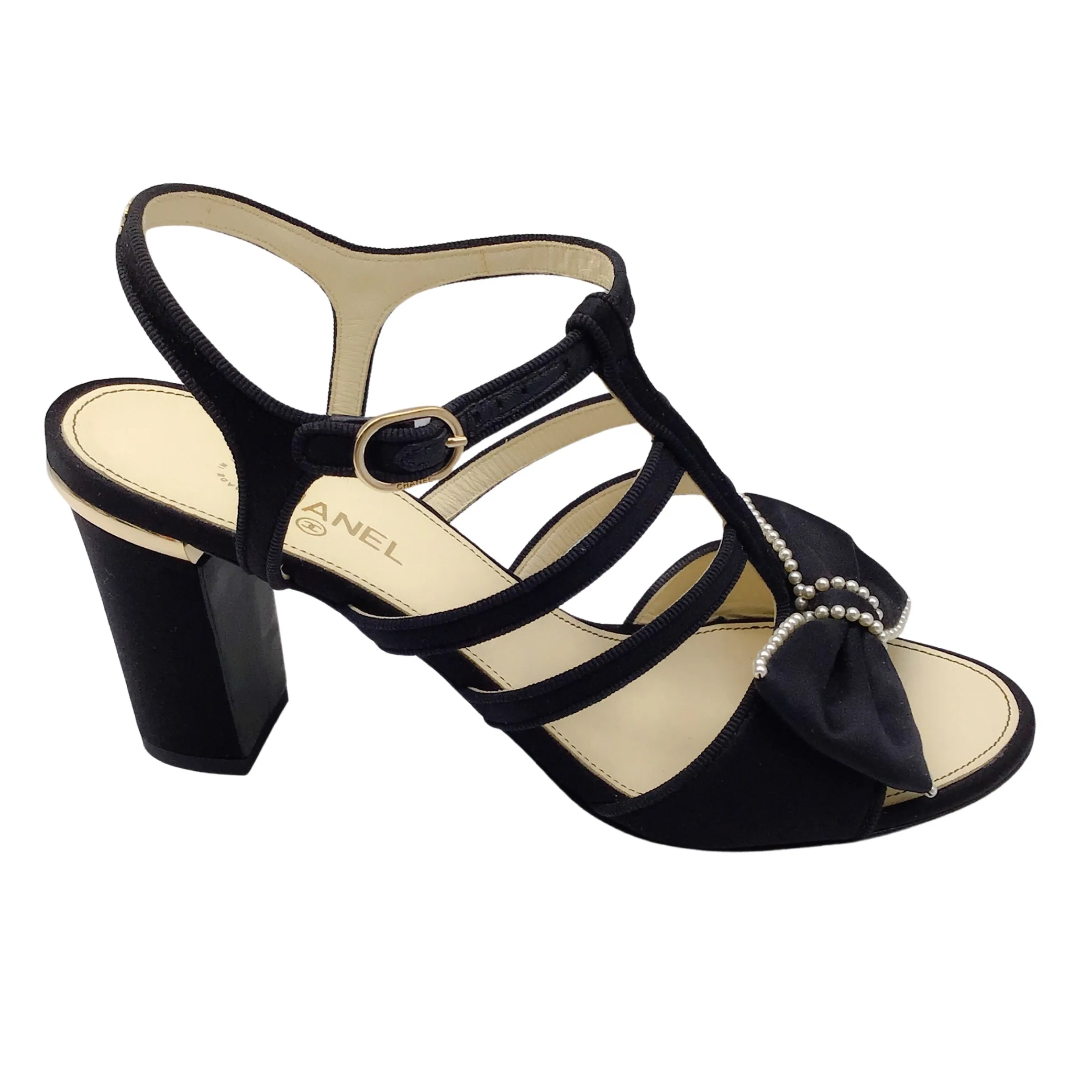 Chanel Black Pearl Embellished Bow Detail Satin Sandals