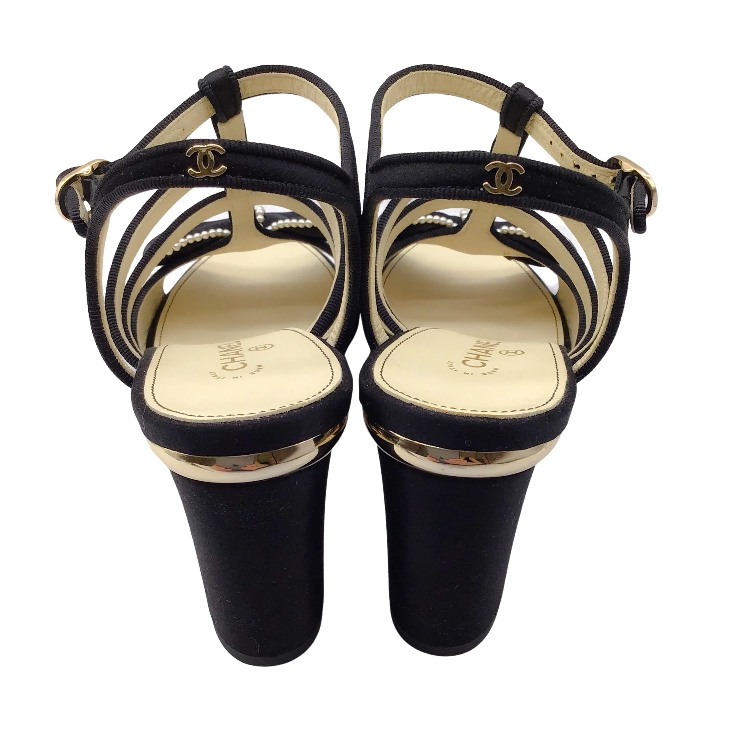 Chanel Black Pearl Embellished Bow Detail Satin Sandals
