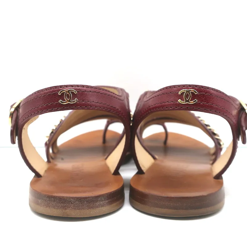 Chanel Chain-Embellished Toe Ring Sandals Red Leather Size 37 Ankle Strap Flats