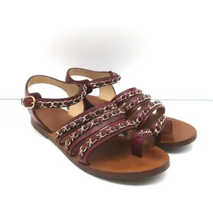 Chanel Chain-Embellished Toe Ring Sandals Red Leather Size 37 Ankle Strap Flats