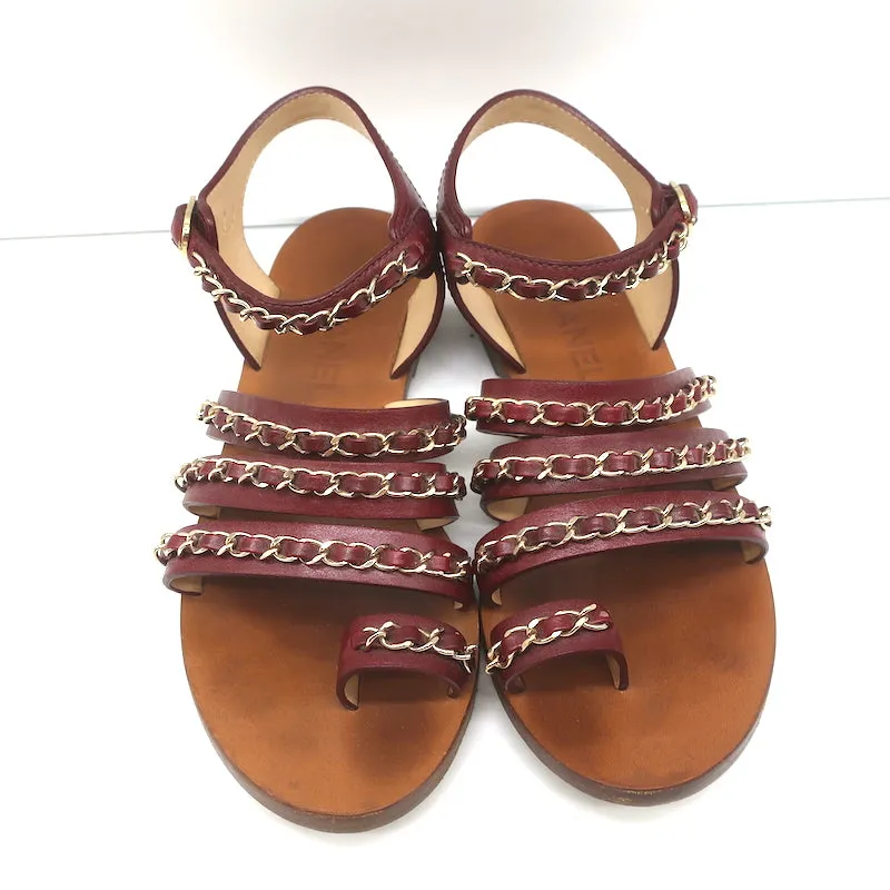 Chanel Chain-Embellished Toe Ring Sandals Red Leather Size 37 Ankle Strap Flats