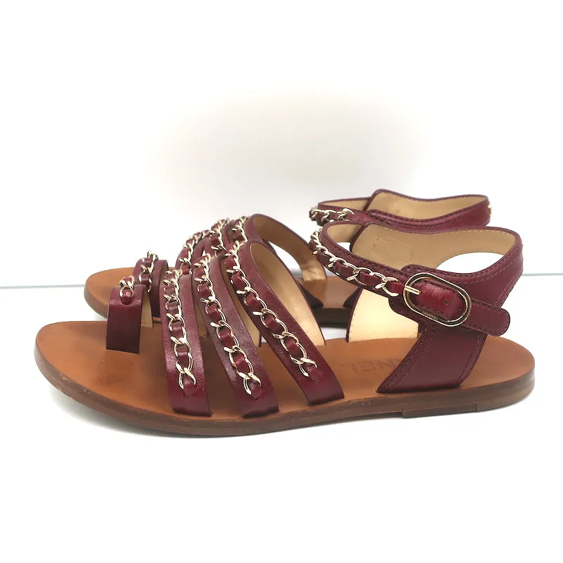 Chanel Chain-Embellished Toe Ring Sandals Red Leather Size 37 Ankle Strap Flats