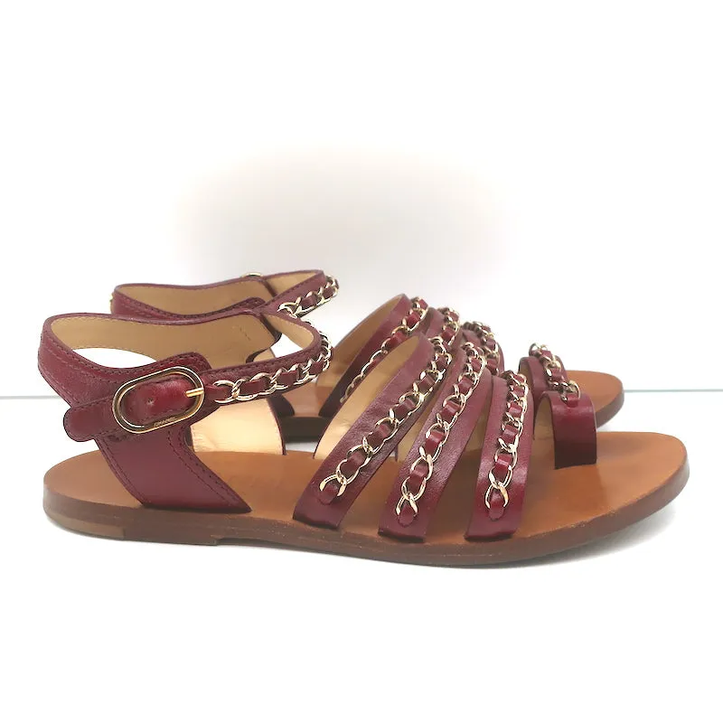 Chanel Chain-Embellished Toe Ring Sandals Red Leather Size 37 Ankle Strap Flats