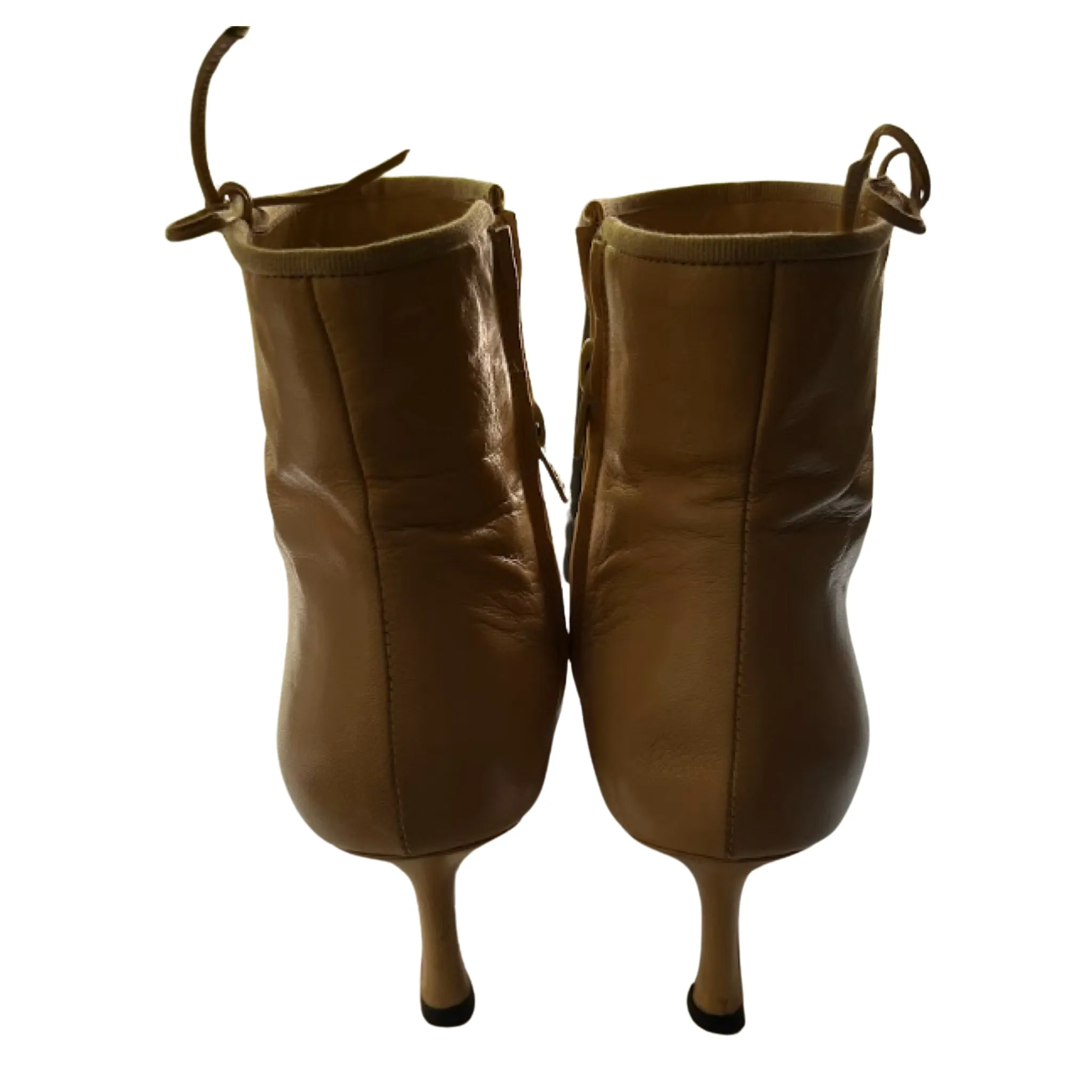 CHANEL Tan and Black Pointed Toe Leather Boots | Size 38.5