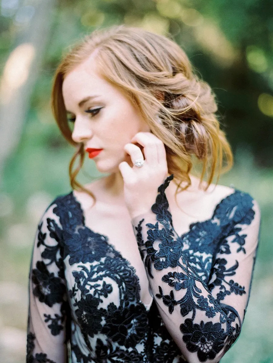 Charming Black Lace Newest Elegant Prom Dress, Custom Long Sleeves Open Back Wedding Dress, PD0393