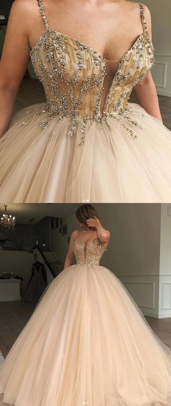 Charming  Gorgeous Spaghetti Straps Tulle Long Popular Prom Dresses with bead, party queen dress , PD0884