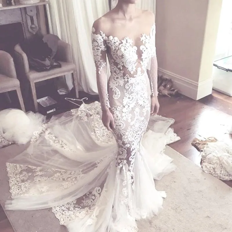 Charming New Arrival Lace Long Sleeves Pretty Fashion Mermaid Popular Wedding Dress, PD0377